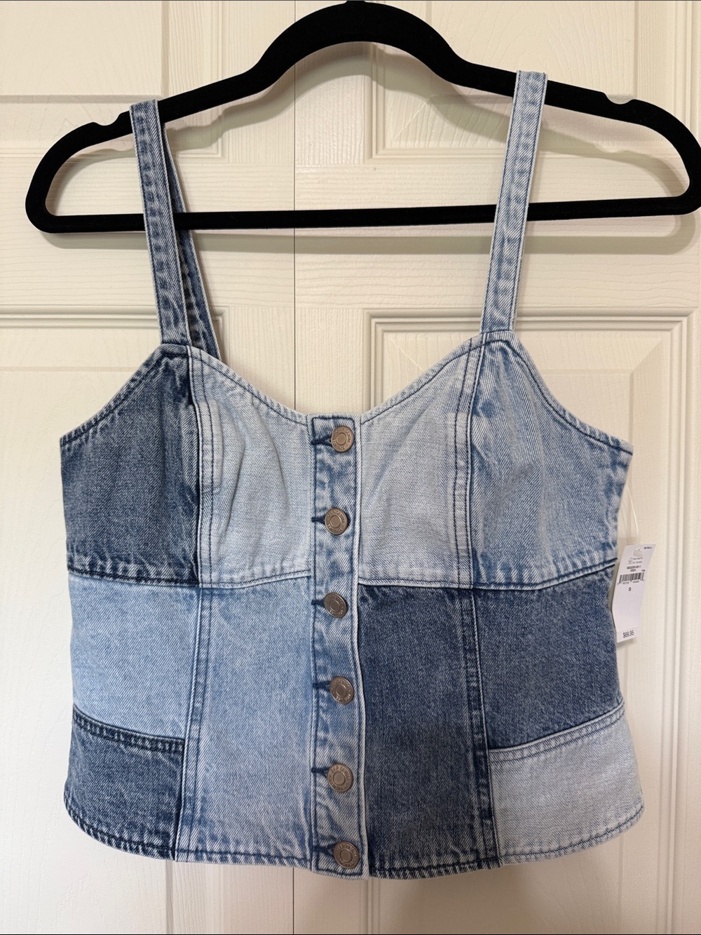 GAP Two-Tone Patchwork Denim Crop Top - Light & Dark Blue